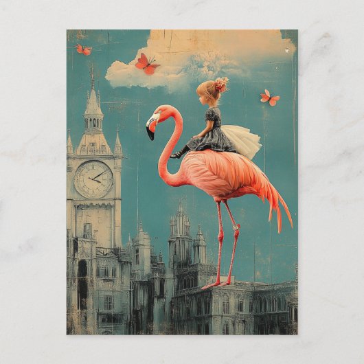 Surreal Fantasy Child Rides auf einem rosa Flaming Postkarte (Vorderseite)