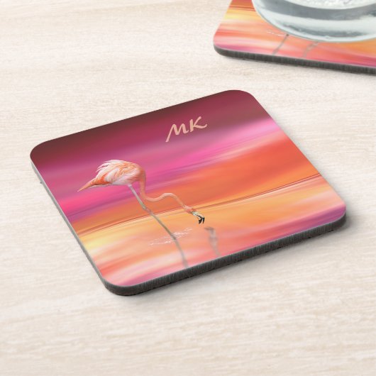 Surreal Fantasy Pink Flamingo Mit Monogramm Getränkeuntersetzer (Linke Seite)