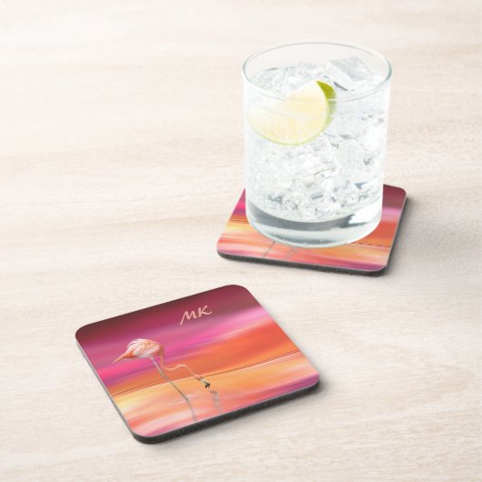 Surreal Fantasy Pink Flamingo Mit Monogramm Getränkeuntersetzer (Rechte Seite)