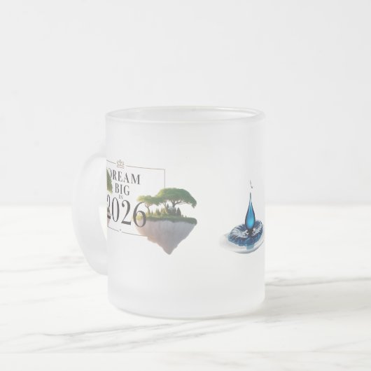 Surreal Floating Island "Dream Big 2026" Frosted Mattglastasse (Vorderseite Links)