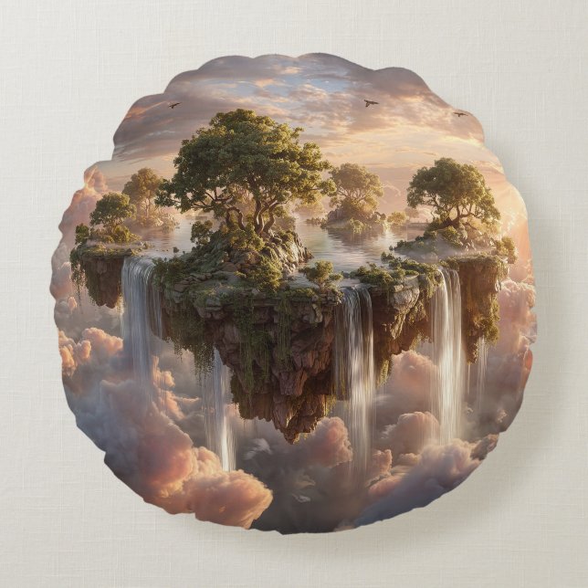 Surreal Floating Islands with Waterfall Rundes Kissen (Vorderseite)