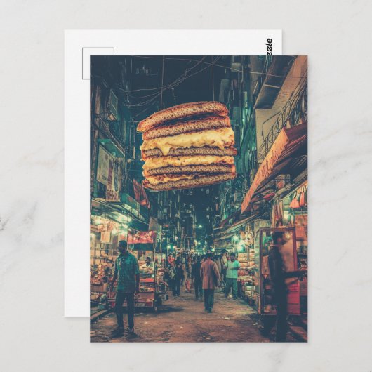 Surreal Floating Sandwich oberhalb einer City Stre Postkarte (Vorne/Hinten)