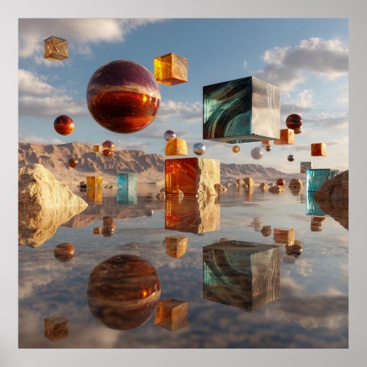 Surreal Floating Spheres And Cubes Poster (Vorne)