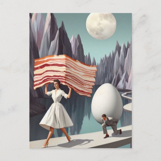 Surreal Frühstück Leute Rieseneier und Bacon Postkarte (Vorderseite)