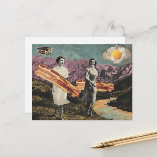 Surreal Frühstücksfrau mit Bacon und Eiern Postkarte (Vorderseite/Rückseite Beispiel)