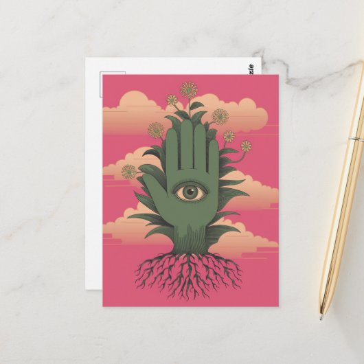 Surreal Gardene grüne Hand mit Blume Postkarte (Vorderseite/Rückseite Beispiel)