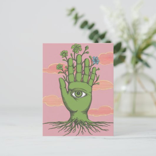 Surreal Gardeners Green Hand Blue Blume Postkarte (Stehend Vorderseite)