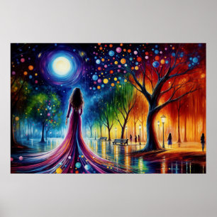 Surreal Girl Fantasy Mondlichtpark Regenbogenbäume Poster