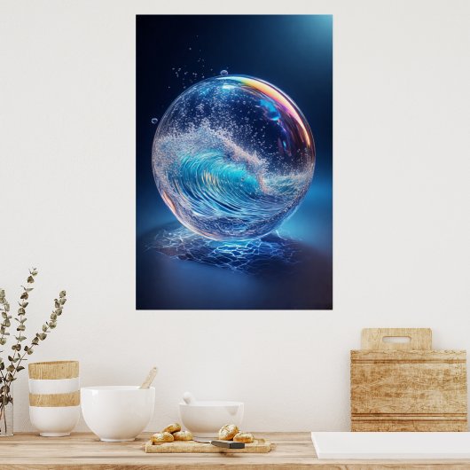 Surreal Glaskugel mit dynamischen Wasserwellen Poster (Küche)