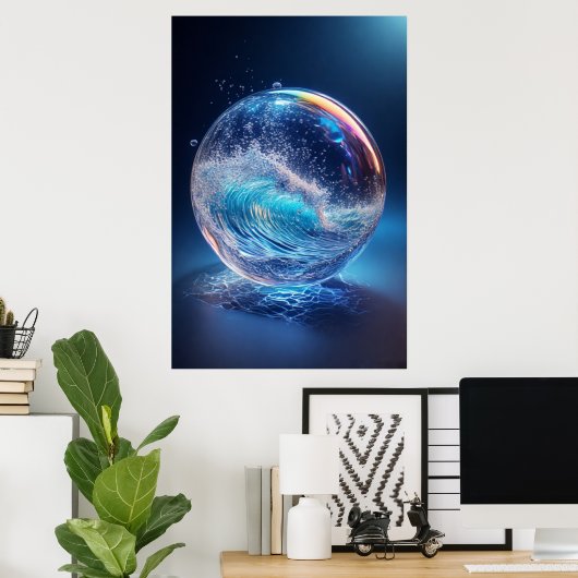 Surreal Glaskugel mit dynamischen Wasserwellen Poster (Heimbüro)