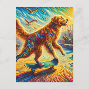 Surreal Golden Retriever Skateboarding Postkarte