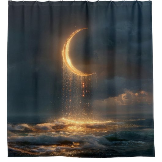 Surreal Goldener Halbmond über dem Ozean Duschvorhang (Vorderseite)