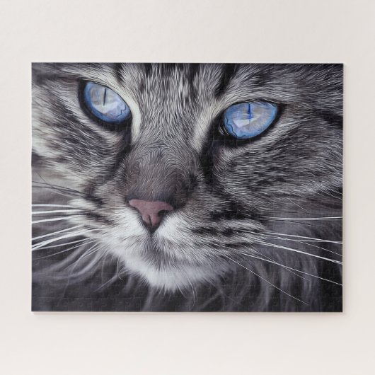 Surreal Gray Cat Blue Eyes Family Fun Hard Puzzle (Horizontal)