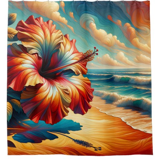 "Surreal Hibiskus Beach Scene" Duschvorhang (Vorderseite)