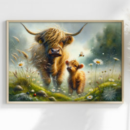 Surreal Highlander Kuh mit Kalf Fantasy Landschaft Poster
