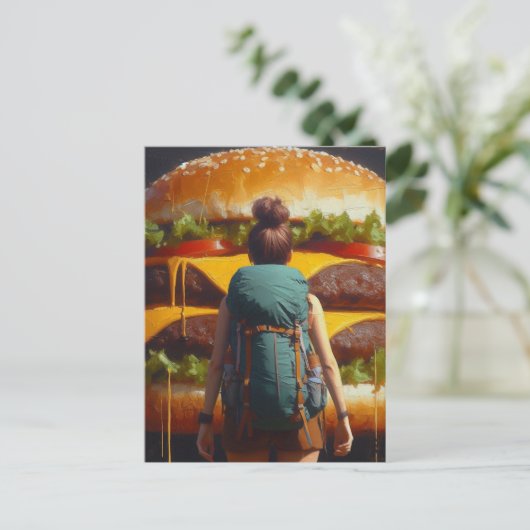 Surreal Hiker Cheeseburger Dreaming Postkarte (Stehend Vorderseite)