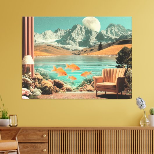 Surreal Interior with Fish and Moonlit Landscape Leinwanddruck (Insitu (Wohnzimmer))