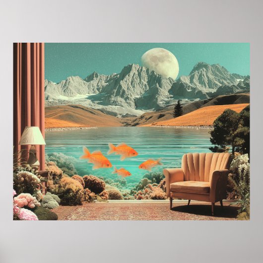 Surreal Interior with Fish and Moonlit Landscape Poster (Vorne)