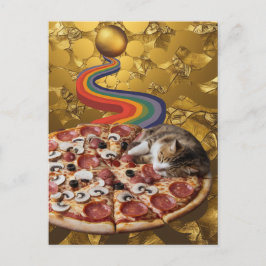 Surreal Katze auf Pizza Golden Rainbow Background Postkarte