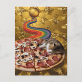 Surreal Katze auf Pizza Golden Rainbow Background Postkarte (Vorderseite)