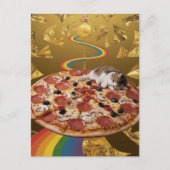 Surreal Katze auf Pizza Golden Rainbow Background Postkarte (Vorderseite)