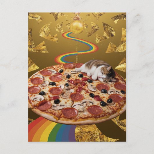 Surreal Katze auf Pizza Golden Rainbow Background Postkarte (Vorderseite)