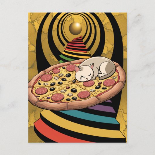 Surreal Katze auf Pizza Rainbow Stairs Gold Planet Postkarte (Vorderseite)