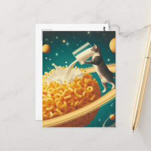 Surreal Katze mit Milchglas auf dem Planeten Pasta Postkarte