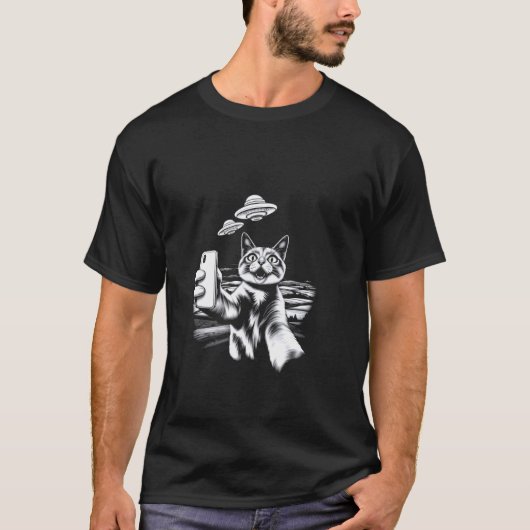 Surreal Katzen UFO Selfie T-Shirt (Vorderseite)