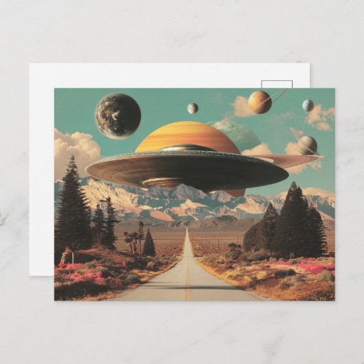 Surreal Landscape with Road, UFO and Saturn  Postkarte (Vorne/Hinten)