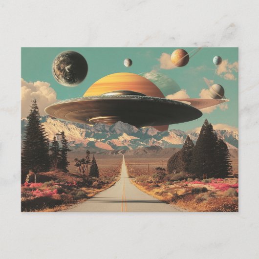 Surreal Landscape with Road, UFO and Saturn Postkarte (Vorderseite)