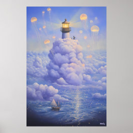 Surreal Leuchtturm in den Wolken und Quallen Poster