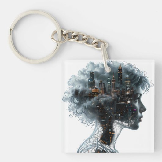 Surreal Mindscape: City within a Woman's Head Schlüsselanhänger (Vorderseite)