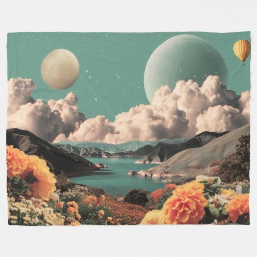 Surreal Mountain Landscape with Planets and Clouds Fleecedecke (Vorderseite (Horizontal))