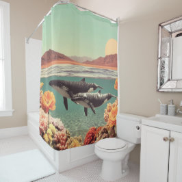 Surreal Ocean Scene With Whales And Coral Duschvorhang