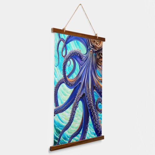Surreal Octopus Blue Ocean Wave Impressionismus Wandteppich Mit Holzrahmen (Gewinkelt)