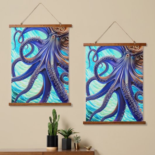 Surreal Octopus Blue Ocean Wave Impressionismus Wandteppich Mit Holzrahmen (Asymmetrisch)