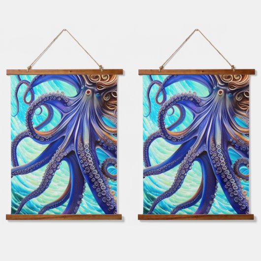 Surreal Octopus Blue Ocean Wave Impressionismus Wandteppich Mit Holzrahmen (Doppelt)