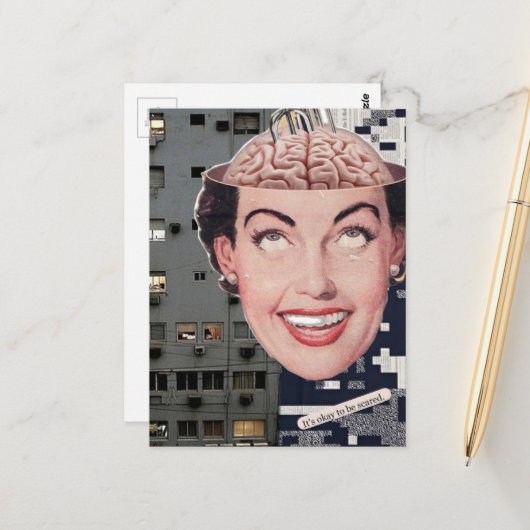 surreal ok to be scared woman collage postkarte (Vorderseite/Rückseite Beispiel)