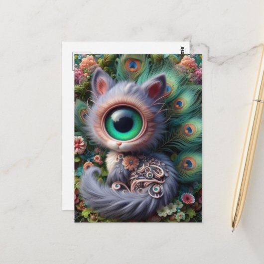 Surreal One Mit Augen Gray Kitty Postkarte (Vorderseite/Rückseite Beispiel)