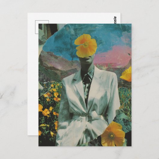 Surreal Person in Yellow Poppy Blume Collage Postkarte (Vorne/Hinten)