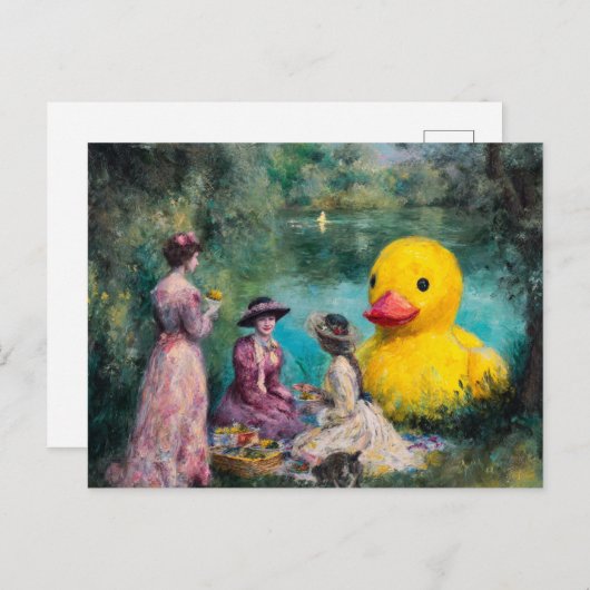 Surreal Picnic im Park mit Riesenente Postkarte (Vorne/Hinten)