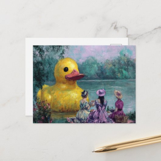 Surreal Picnic mit Riesenente Postkarte (Vorderseite/Rückseite Beispiel)