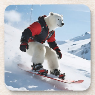 Surreal Polar Bear Snowboarden in Red Ski Jacket Getränkeuntersetzer