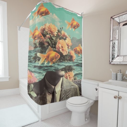 Surreal Portrait With Goldfish Flowers And Ocean Duschvorhang (Beispiel)