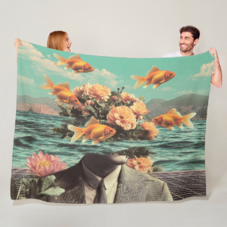 Surreal Portrait With Goldfish Flowers And Ocean Fleecedecke