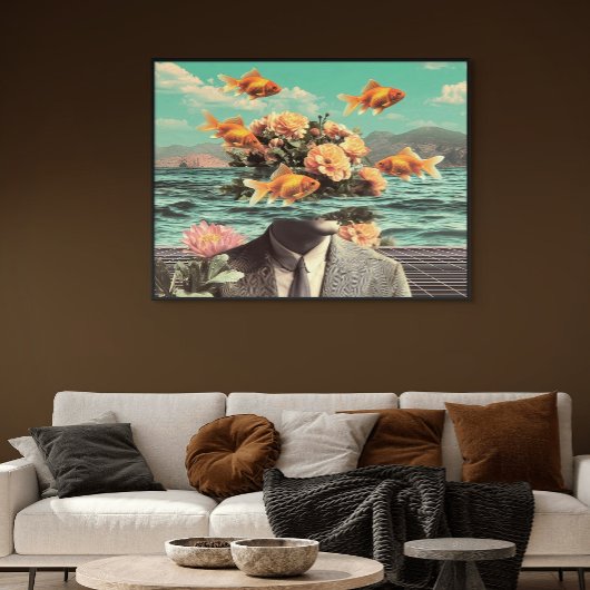 Surreal Portrait With Goldfish Flowers And Ocean Poster