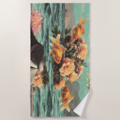 Surreal Portrait With Goldfish Flowers And Ocean Strandtuch (Vorderseite)