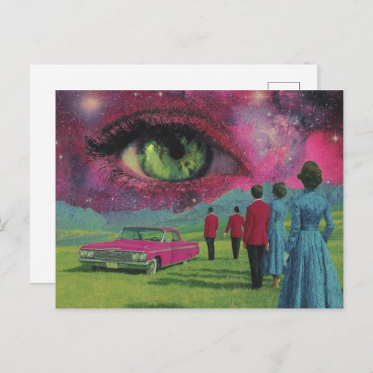 Surreal Retro Menschen und Auto mit grünem Auge Postkarte (Vorne/Hinten)