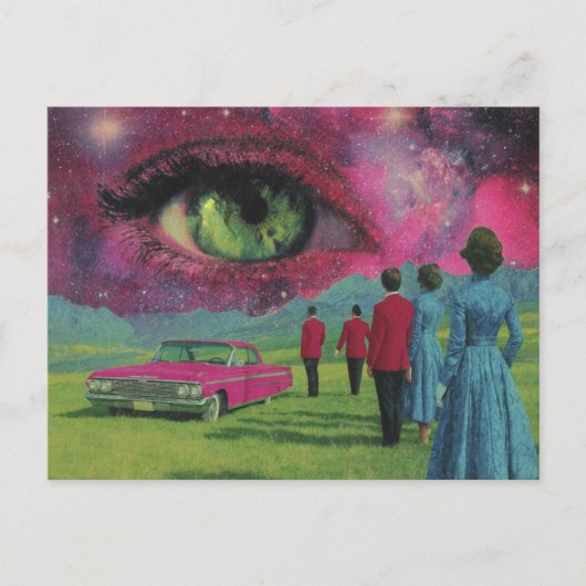 Surreal Retro Menschen und Auto mit grünem Auge Postkarte (Vorderseite)